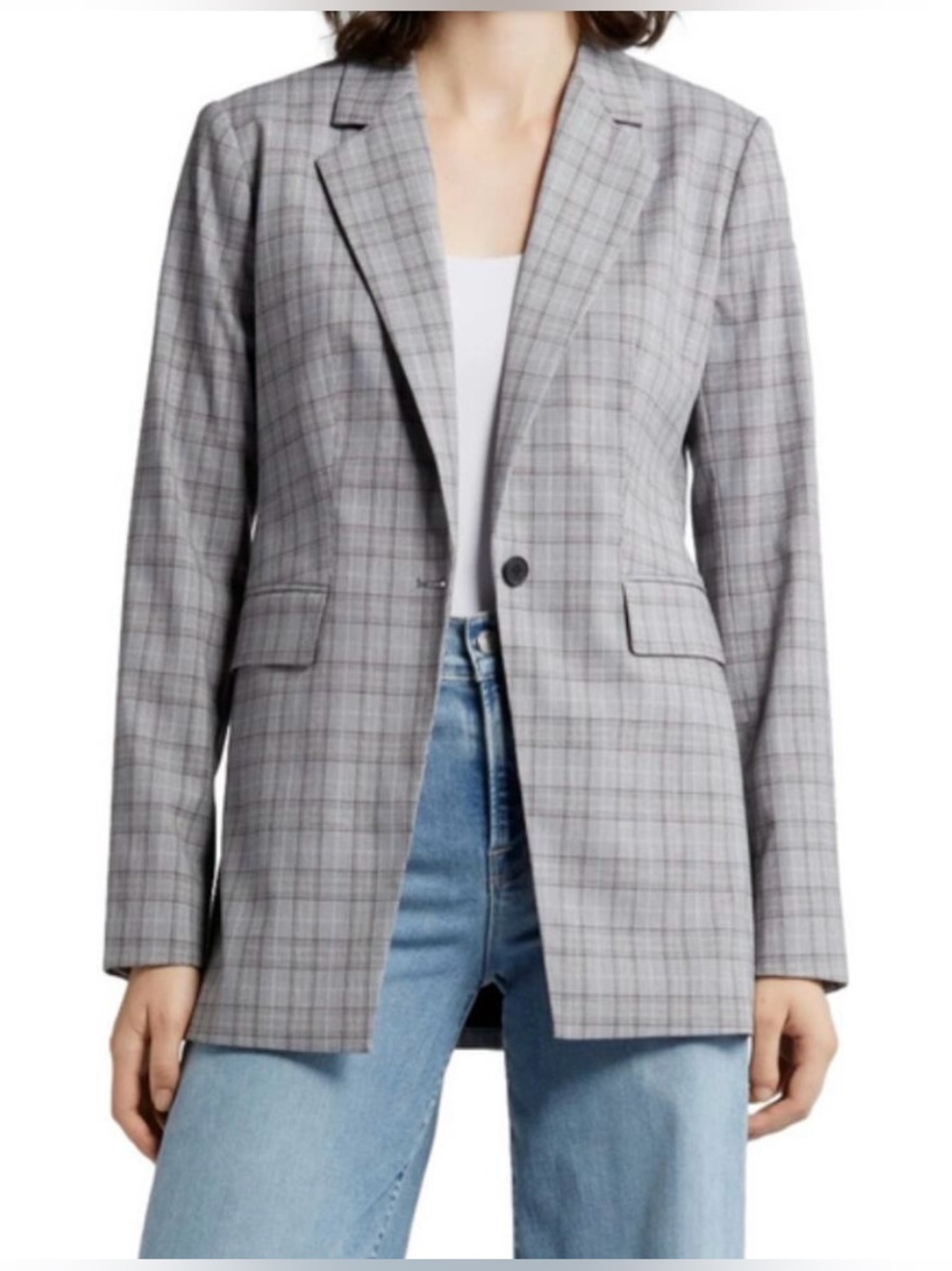 Nordstrom British Grey Plaid Long Blazer M